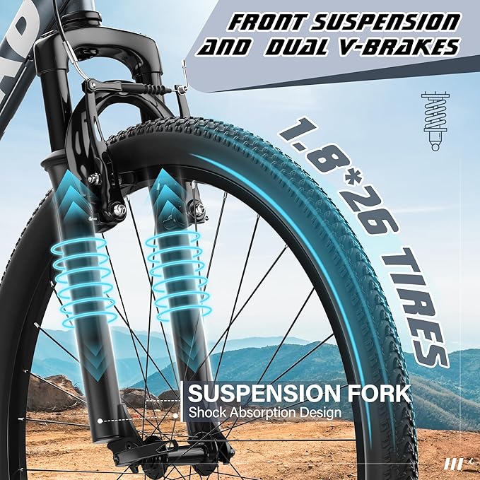 Betterland 26 Inch Mountain Bike, 7/21Speed Adult Bicycle with Dual V Brakes,Front Suspension, High Carbon Steel Frame, with Adjustable Ergonomic Seat Bicycle