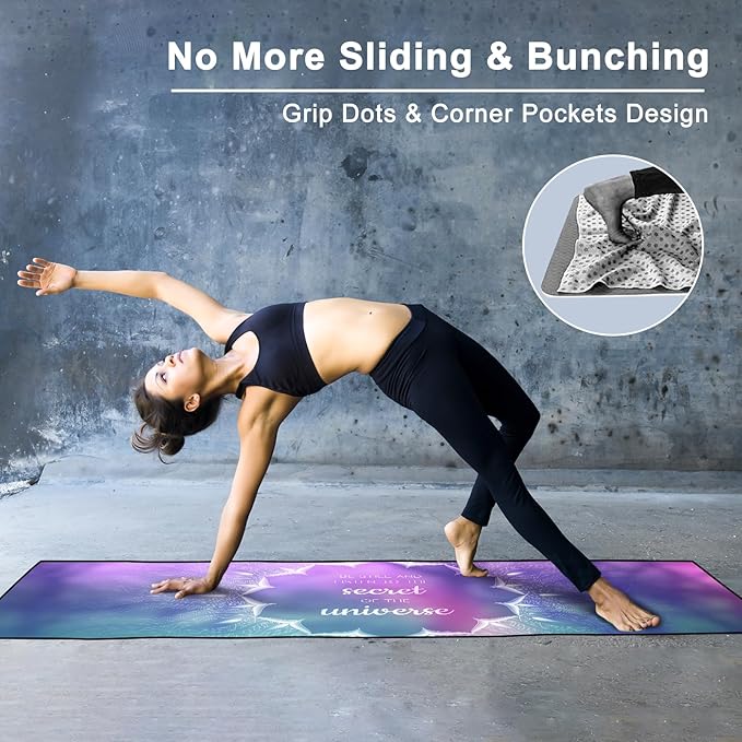 Colorful Star Large Yoga Towel with Corner Pockets, Non Slip Grip Dots Absorbent Hot Yoga Mat Towels, Yoga Blankets with Travel Bag, Mat Cover for Workout, Gym, Fitness - 74"x26", Purple Blue Lotus