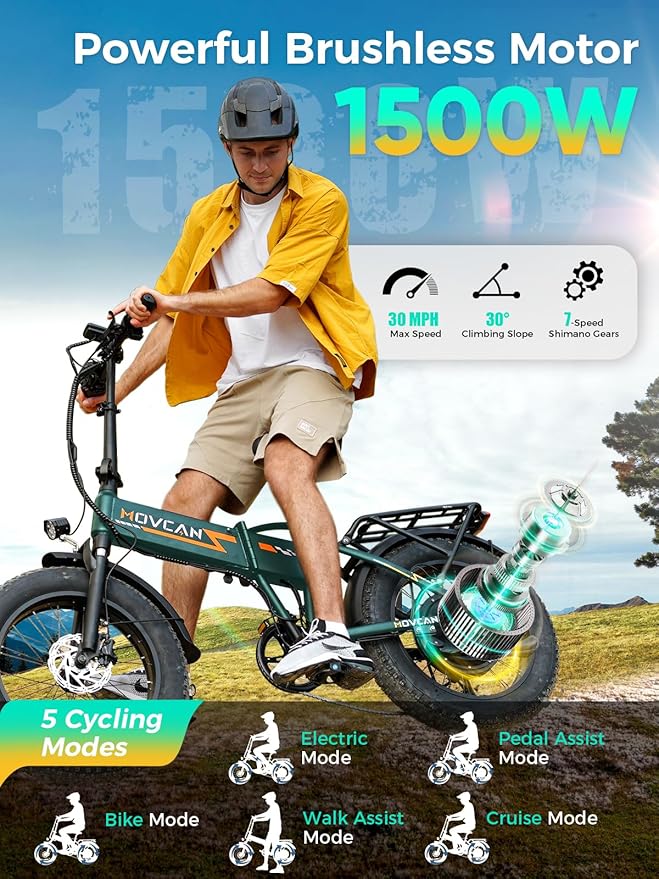 Q20 Folding Electric Bike, 52V 15.6Ah Removable Concealed Battery 20” Fat Tire Dirt Bike,1500W Motor 30 MPH Top Speed E Bikes, 7 Speed Dual Hydraulic Brake Electric Bikes for Adults