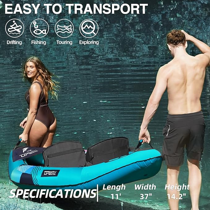 UPWELL 13'6”/11' Inflatable Recreational Kayak - 2 Person with Drop Stitch Floor and Accessories Including Kayak Seats with High Back Support, Paddle, Fin, Repair Kits, Carry Bag and Hand Pump