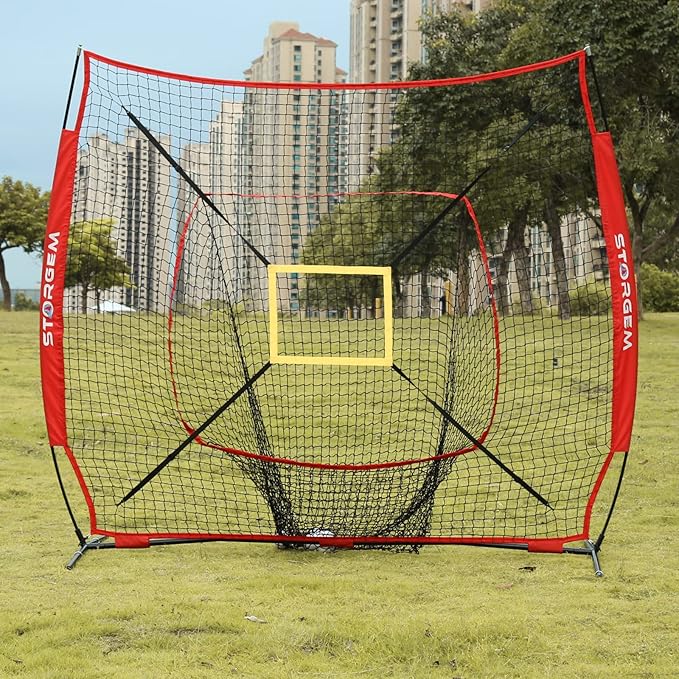 Storgem Baseball and Softball Practice Net 7×7ft Portable Hitting Pitching Batting Training Net Baseball Backstop Net with Batting Tee and Strike Zone and Bow Frame
