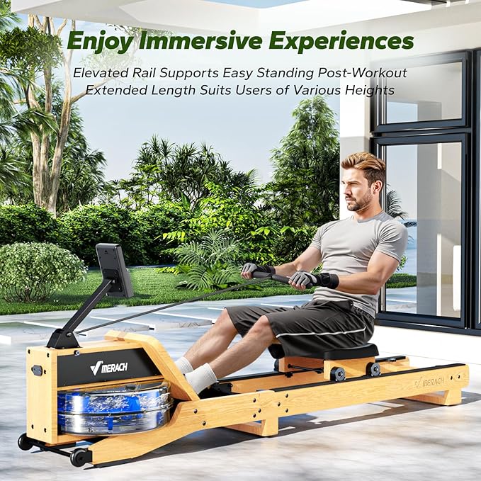 MERACH Water Rowing Machines for Home, Foldable Row Machine with 400LBS Weight Capacity, Dedicated Monitor and Comfortable Seat, Free MERACH App for Immersive Water Rower