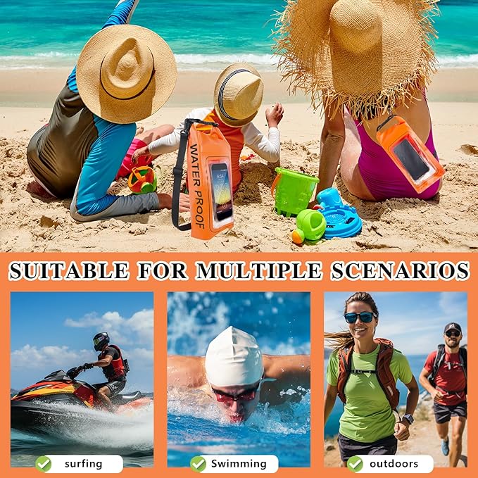IP68 Waterproof Dry Bag, 2L - Roll Top Waterproof Pool Bag,Dry Bags for Kayaking Waterproof-w/Phone Pouch,Large Waterproof Phone Pouch,Boating & Kayak Accessories Camping (Orange 2L)