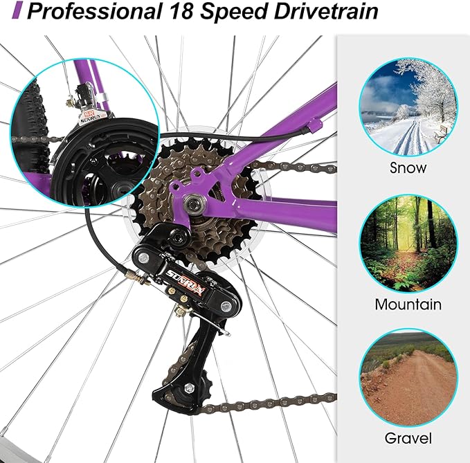 HILAND 26 Inch Womens and Mens Mountain Bike, 18 Speed Steel Frame Adult Bicycle, MTB Bikes with Suspension Fork, V Brake, Mountain Bicycle for Woman Man, Purple Green White