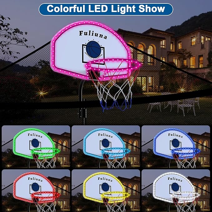 Trampoline Basketball Hoop with LED Lights, Solar Powered Basketball Hoop for Trampoline Fits for Straight Pole & Curved Pole, Trampoline Basketball Hoop Attachment with Mini Ball and Pump.