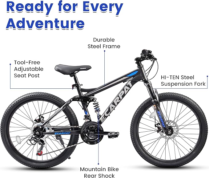 24/26/27.5 Inch Mountain Bike, Dual Full Suspension 21 Speed Womens Mens Mountain Bikes, Commuter Bike with Carbon Steel Frame and Dual Disc Brakes