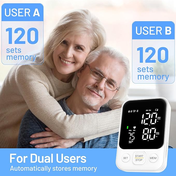Blood Pressure Monitor Upper Arm Machine Accurate Adjustable Manual BP Cuff Kit Led Backlit Display 2 Users 240 Sets Memory Includes Storage Bag White