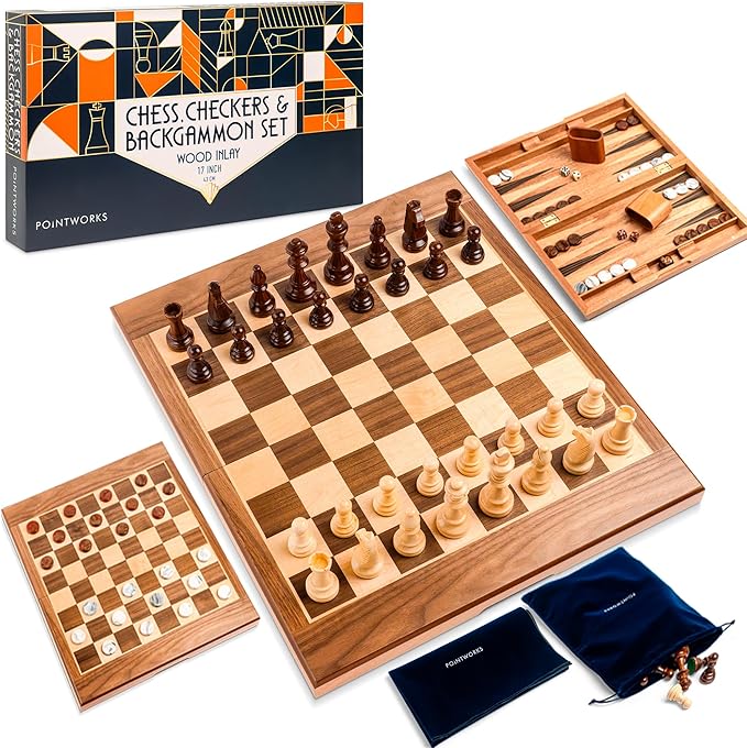 17 Inch Chess Checkers Backgammon Set for adults, Wooden chess set combo, portable folding two sided board multi game design, maple walnut inlay with large weighted pieces, acrylic checkers