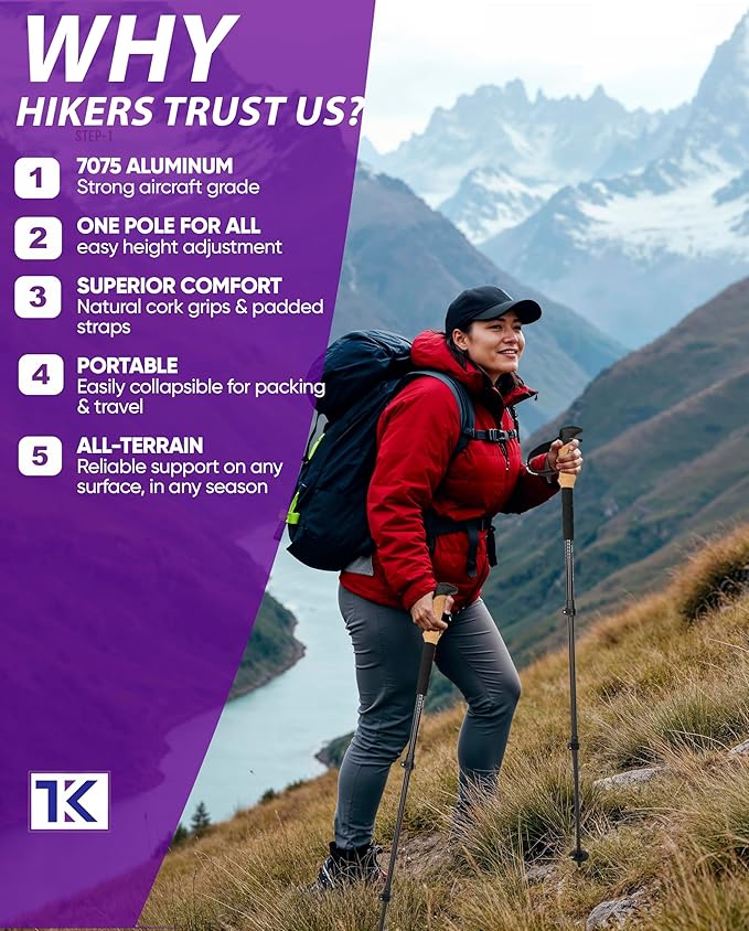 Collapsible Lightweight Trekking Poles – Hiking and Walking Sticks with Cork Grip, Adjustable 7075 Aluminum Nordic Poles for Men, Women, Seniors, Ultralight for Backpacking and Camping-Elite