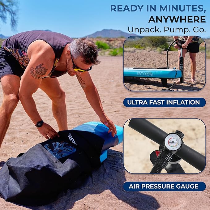 SereneLife Inflatable Stand Up Paddle Board, Wide Stable Design with Non-Slip EVA Deck Pad, Includes Premium SUP Accessories, for Youth and Adults