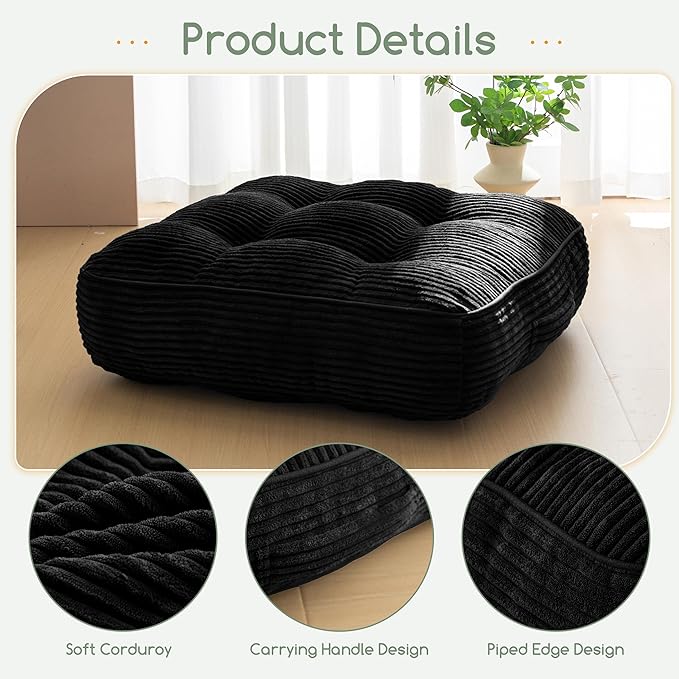 6" Washable Floor Pillow Cushion for Adults, Meditation Cushion Pillow, Large Square Floor Sitting, Removable Tufted Corduroy Cover, for Tatami Living Room or Yoga, 22x22 Inch, Machine Washable