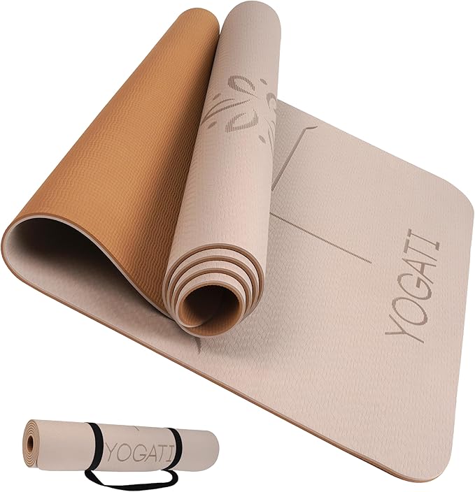 YOGATI® Non Slip Yoga Mat with Alignment Lines. Home Workout Mat for Women, Men and Kids. Thick Yoga Mats with Strap for Pilates and Fitness.