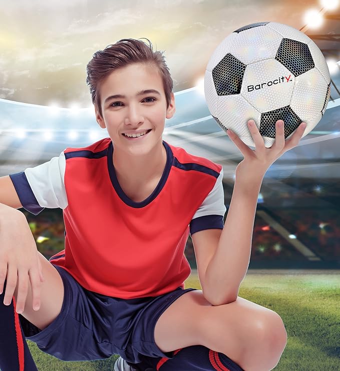 Soccer Ball - Premium Boy and Girl Official Match Ball with Cool Reflective Iridescent Rainbow Hex Pattern, Durable, Indoor, Outdoor, Training, Practice, Playtime and Games
