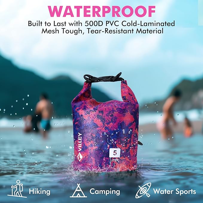 VILLEY Dry Bag Waterproof 5L Roll Top Sack Keeps Gear Dry Lightweight Sack for Kayaking Boating Camping Swimming and Beach Adventures Red Camo