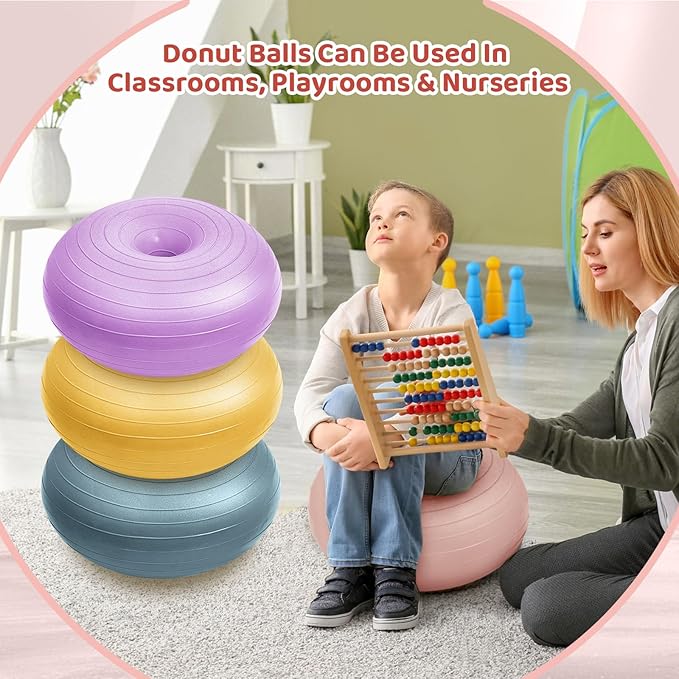 Lewtemi 8 Pcs Flexible Seating for Classroom Elementary 20'' Yoga Ball Chair Large Inflatable Donut Exercise Ball Chair Wobble Seat with Inflator for Kids Student Balance