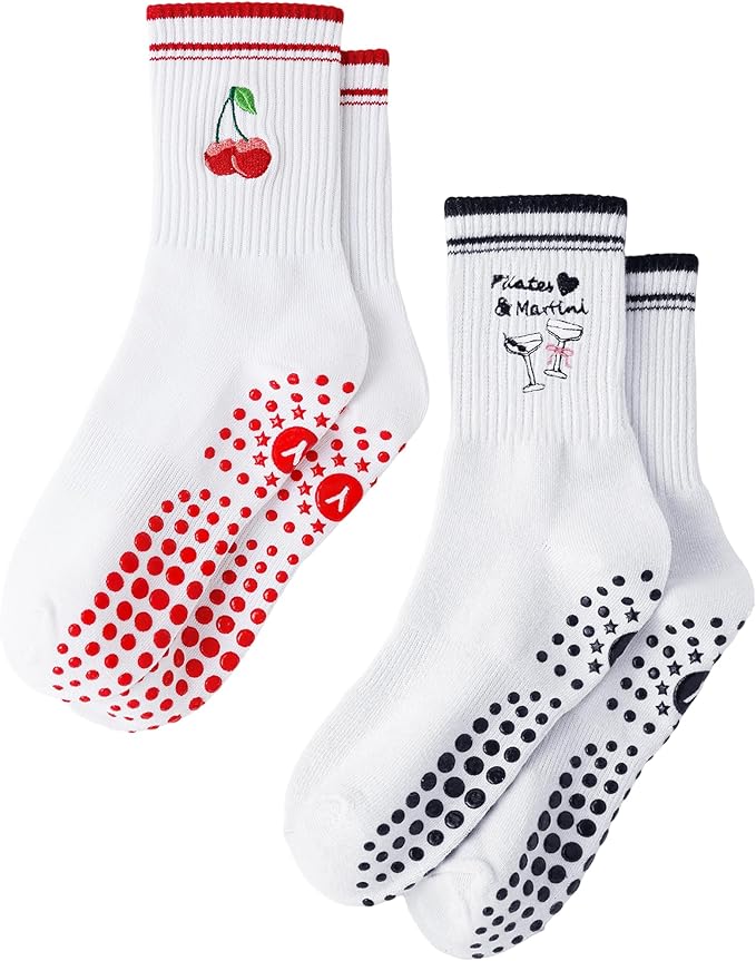 Yawlsow Pilates Grip Socks for Women Yoga Grippy Socks Cute Barre Non Skid Athletic Crew Sticky Sock Workout Hospital