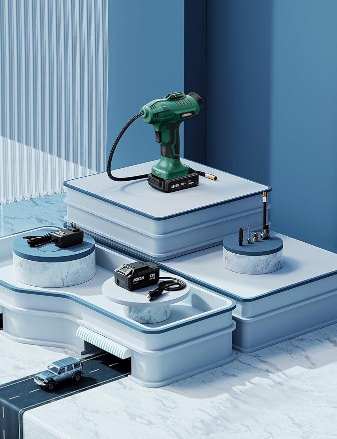 AstroAI C2 Cordless Tire Inflator Air Compressor 20V Rechargeable Battery Powered 160PSI Portable Air Pump with 12V Car Power Adapter Digital Pressure Gauge for Cars Motorcycles JY16P160-18 Green