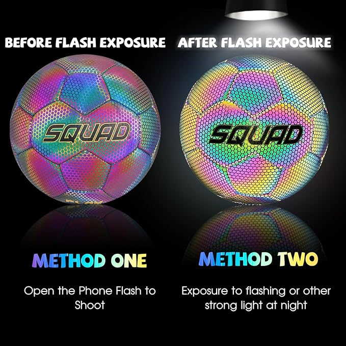 SQUAD Holographic Reflective Soccer Ball Size 5 - Reflective Glowing Ball for Night Games & Training - Durable PU Leather and Rubber Airbags - Cool & Unique Gift for Soccer Fans