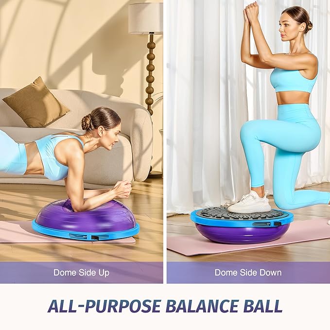 ZELUS 25in. Balance Ball | 660lb Inflatable Half Exercise Ball Wobble Board Balance Trainer w Nonslip Base | Half Yoga Ball Strength Training Equipment w 2 Bands, Pump, Extra Ball Included