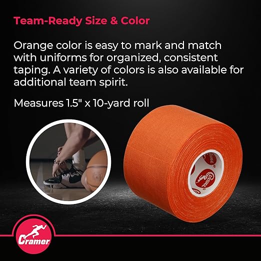 Cramer Team Color Athletic Tape, Orange, for Ankle, Wrist, and Injury Taping, Helps Protect and Prevent Injuries, Promotes Faster Healing, Athletic Training First Aid Supplies, 1.5", Bulk 32 Roll Case