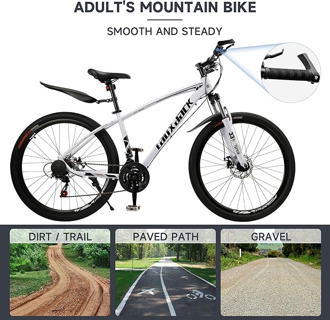 Bruce & Shark 27.5" Mountain Bike, 21-Speed Aluminum Alloy Frame, Front Suspension, Mechanical Disc Brakes, Men/Women All-Terrain Bicycle with Bike Lock & Pump