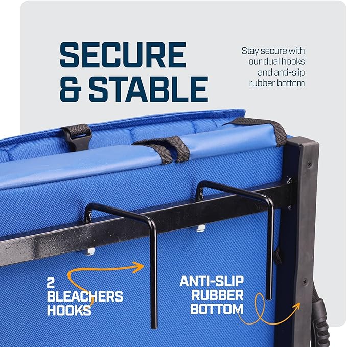 Extra Wide Folding Reclining Stadium Seat with Back Suppot for Bleachers, Bleacher Hooks, Thick Cushion, Cup Holder, Storage Pockets – Portable Chair for Kayak, Canoe, Paddle Board, Concerts, & Sports