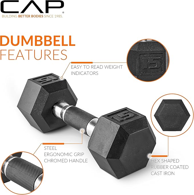 CAP Barbell Rubber Coated Dumbbell Weight Set with Vertical Rack | 100 lb, 150 lb, and 210 lb Options
