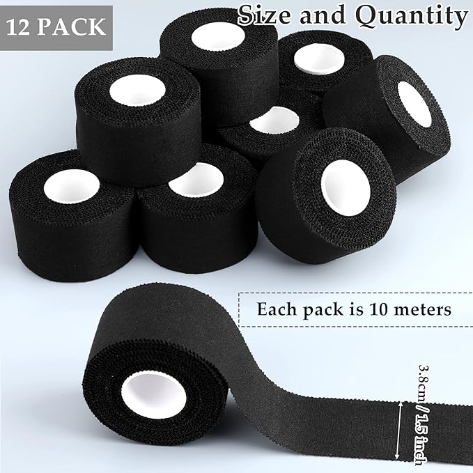 Hoolerry 12 Rolls 130 Yard Athletic Sports Tape Pre Wrap Very Strong Easy Tear No Sticky Residue Tape for Fingers Ankles Wrist Injury Wrap, Football Baseball Hockey Soccer(1.5 in,Black)