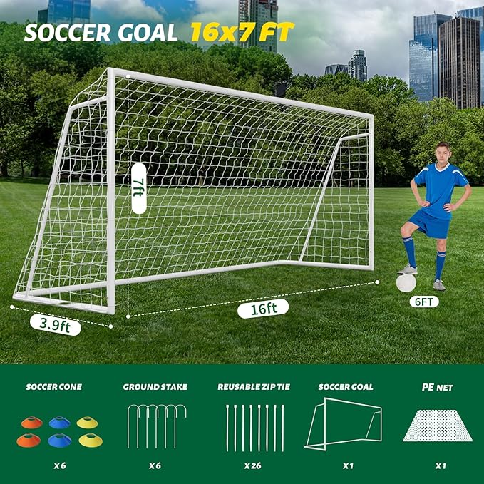 NAIZEA Soccer Goal - 12x6FT/16x7FT/10x6FT/8x6FT/6x4FT Soccer Goals for Backyard - Metal Soccer Goals for Youth Adult - Multiple Sizes Colors - Perfect for Games Indoor Outdoor Practice