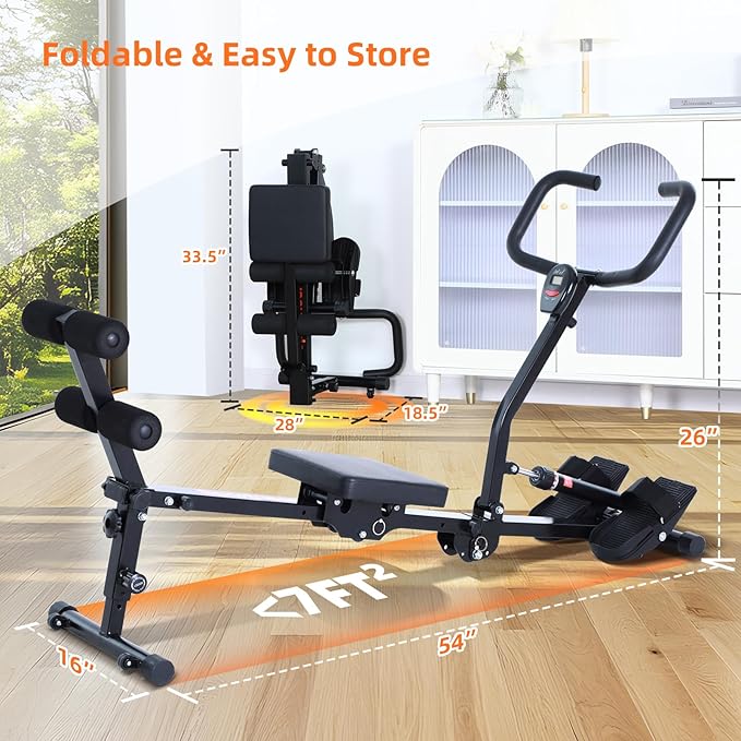 Sportneer Rower Machine for Home Foldable Hydraulic Rowing Machine with 12-Level Resistance - Multi Functional Row Machine Equipped with Caster and Backrest, 297lbs Maximum Load Rower Machines