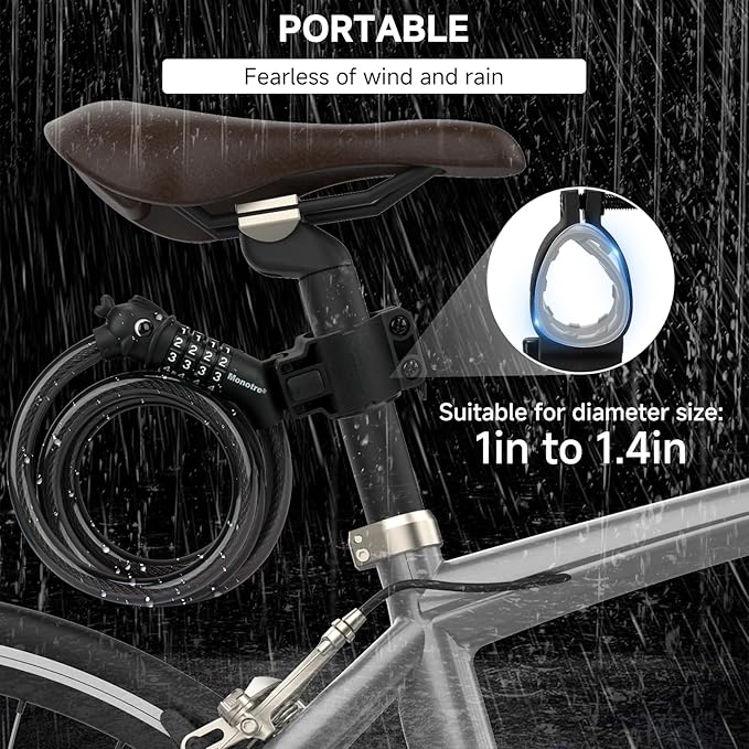 Bike Lock, 3.9 Feet 4-Digit Resettable Combination Password Anti-Theft Cable Lock, Cute Coiled Bike Locks with Mounting Bracket, Suitable for Bicycles, Electric Scooters, Ebikes (Black-10mm)