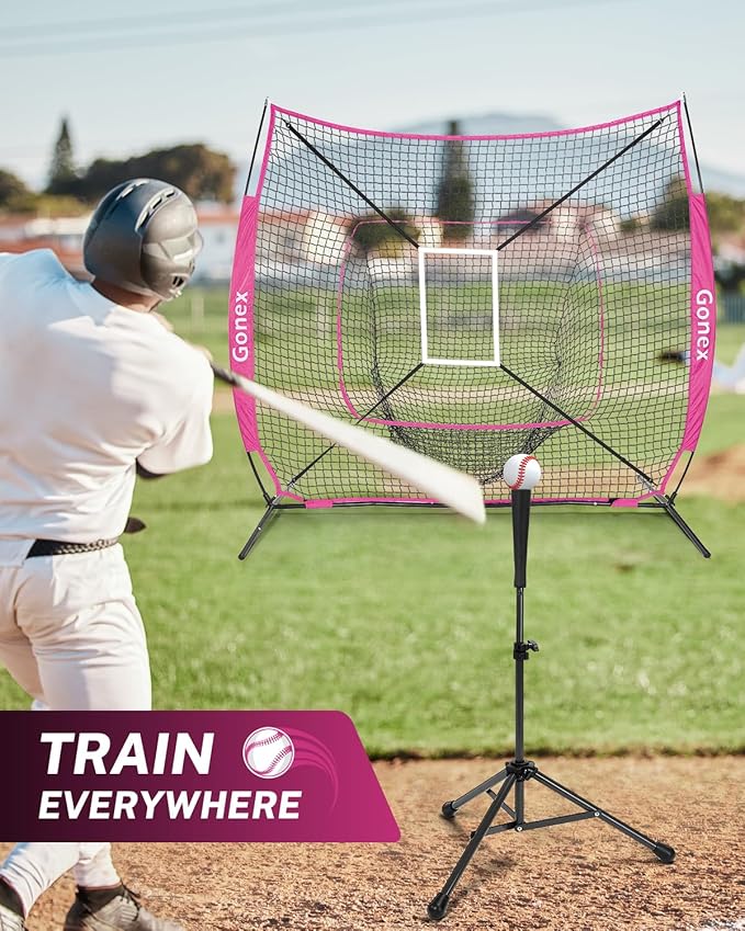 Gonex 7' x 7' Baseball Softball Practice Net Set with Batting Tee for Hitting and Pitching Batting, Practice Training Aid, with Strike Zone, Large Mouth, Bow Frame, Carrying Bag
