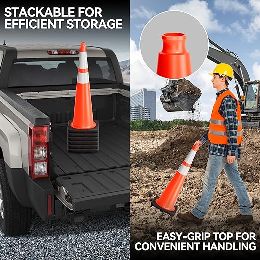36 Inch Traffic Cones with Heavy Weighted Base (6 Pack) - Orange Safety Cones with Reflective Collars for Parking Lots, Road Construction, and Event Control