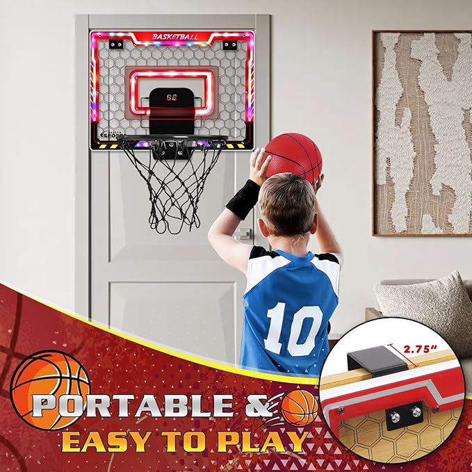 Mini Basketball Hoop Indoor with Scorer and Batteries, Indoor Basketball Hoop Over The Door with Colorful LED Lighting, Toy Basketball Set for Boys Girls Age 3 4 5 6 7 8