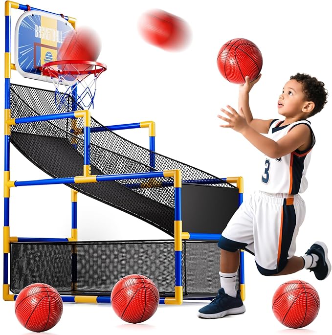 Kids Arcade Basketball Game Set with 4 Balls and Air Pump, Indoor Outdoor Basketball Hoop Sports Toy Gifts for Kids Boys Girls 3-12 Years Old, Ideal for Competition and Carnival Party Games