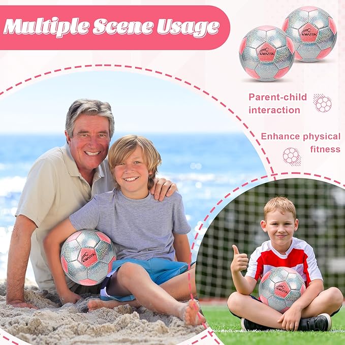 Soccer Ball Size 3 4 5 Glitter Pink Purple Silver with Pump Toddler Soccer Ball for Kids Aged 3-6 6-8 8-12 Outdoor Training Ball for Girls Boys Children Youth Teens