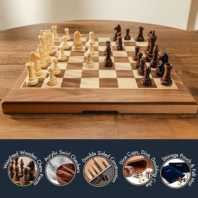 17 Inch Chess Checkers Backgammon Set for adults, Wooden chess set combo, portable folding two sided board multi game design, maple walnut inlay with large weighted pieces, acrylic checkers