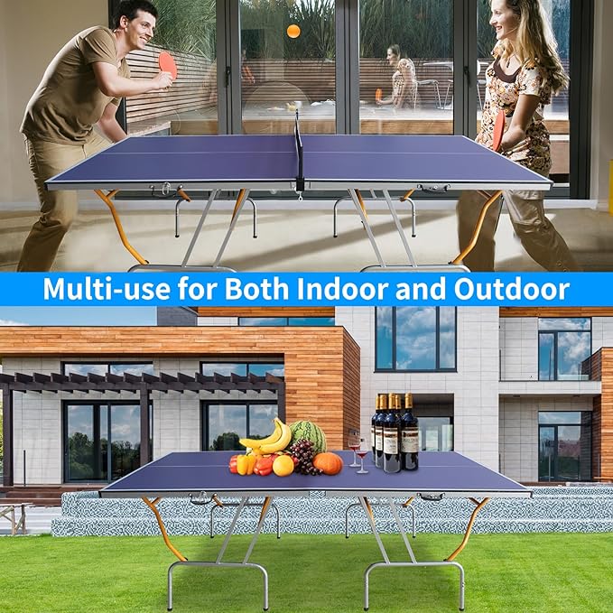Professional Table Tennis Table, Foldable Ping Pong Game Set for Indoor, 8FT 9FT Single Player Playback Mode Ping Pong Table with Net and Post Set, 2 Paddles and 3 Balls (Blue & Yellow-8FT)