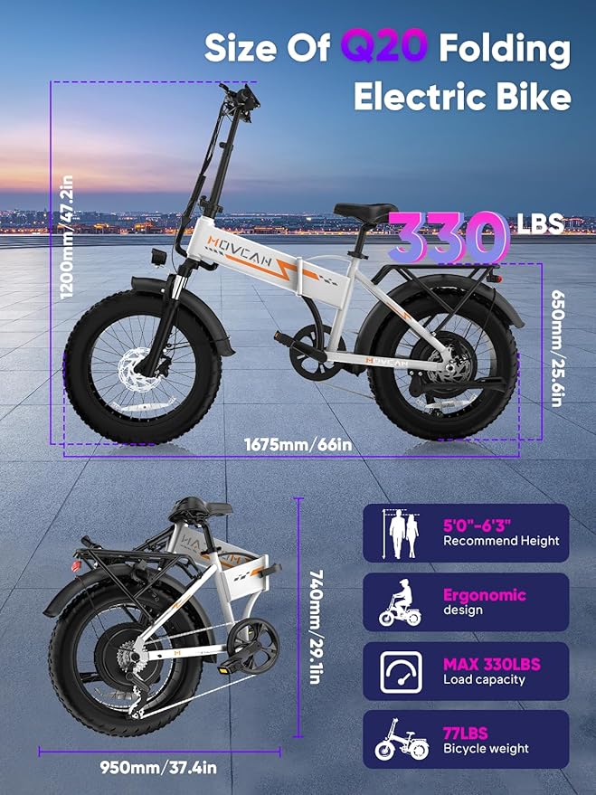 Q20 Folding Electric Bike, 52V 15.6Ah Removable Concealed Battery 20” Fat Tire Dirt Bike,1500W Motor 30 MPH Top Speed E Bikes, 7 Speed Dual Hydraulic Brake Electric Bikes for Adults