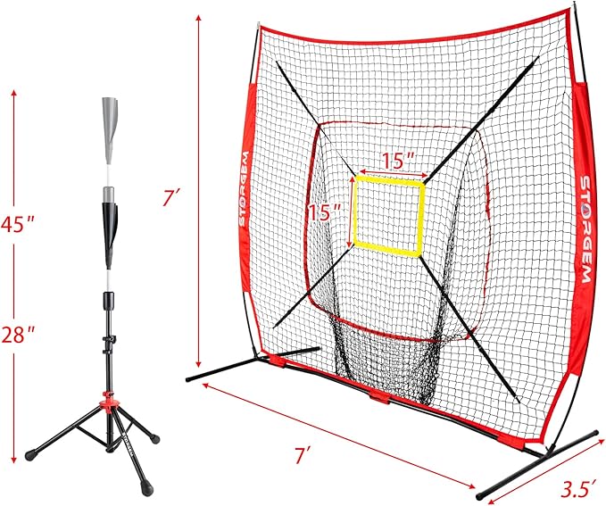 Storgem Baseball and Softball Practice Net 7×7ft Portable Hitting Pitching Batting Training Net Baseball Backstop Net with Batting Tee and Strike Zone and Bow Frame