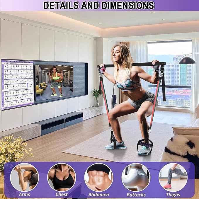 Portable Pilates Bar Kit with Resistance Bands for Men and Women - 3 Set Exercise Resistance Bands - Multifunctional Home Gym - Supports Full-Body Workouts β with Fitness Poster and Video