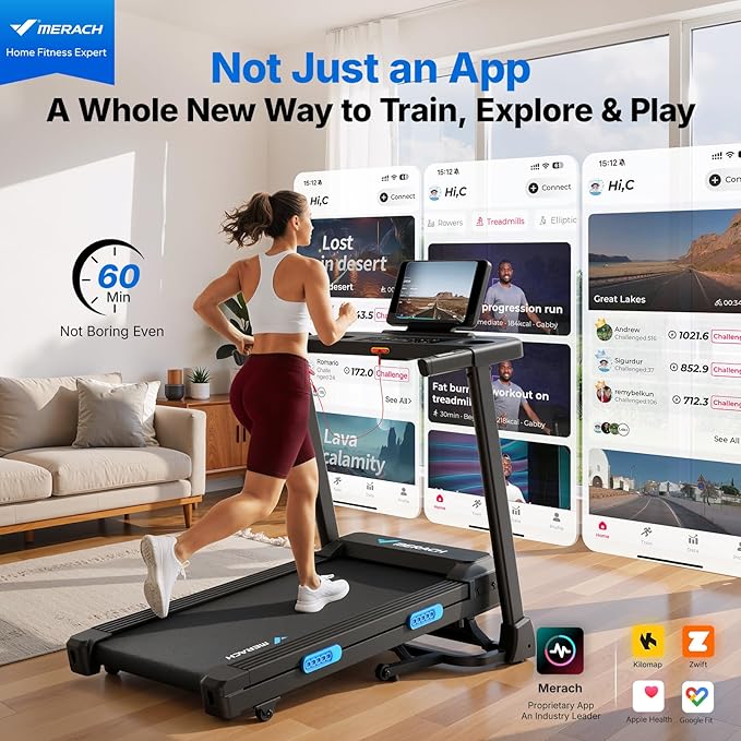MERACH Foldable Treadmill with Incline, 7.5MPH Quiet Treadmills for Home with Double Deck Technology, 4 Silicone Shock Cushion, Heart Rate Monitoring,16.5" Wider Belt, APP