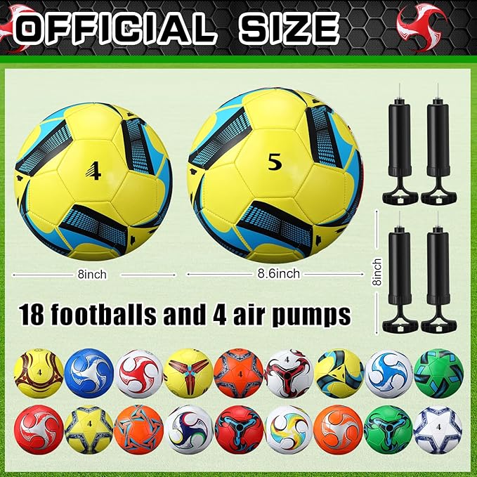 18 Pcs Soccer Balls Football with 4 Pumps Sports Soccer Balls Official Size Soccer Indoor Outdoor Soccer for Child Teens Adult Players Game Training Back to School Gift