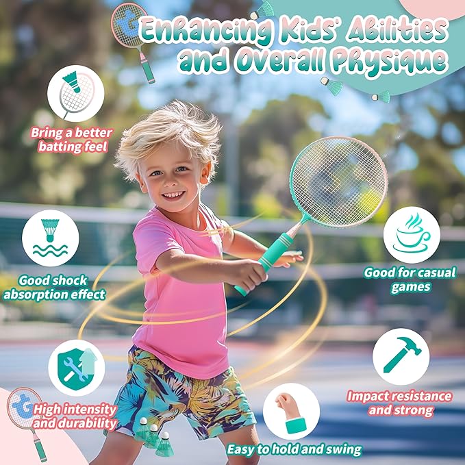 JOY SPOT! Kids Badminton Rackets Set with Soft Grip, Oversize & Lightweight Shuttlecocks Racquet with Carry Bag for Children Youth, 2 Player Sport Game for Indoor Outdoor Backyard