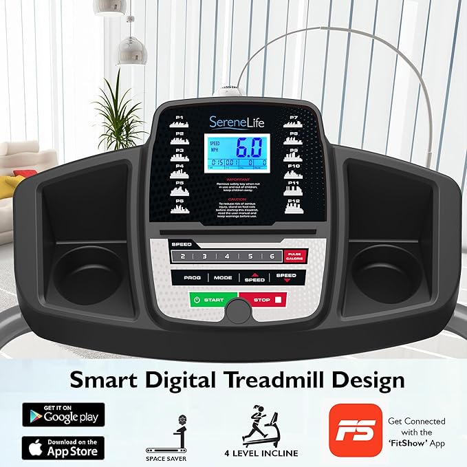 SereneLife Electric Folding Treadmill Exercise Machine - Smart Compact Digital Fitness Treadmill Workout Trainer w/Bluetooth App Sync, Manual Incline Adjustment, for Walking, Running, Gym