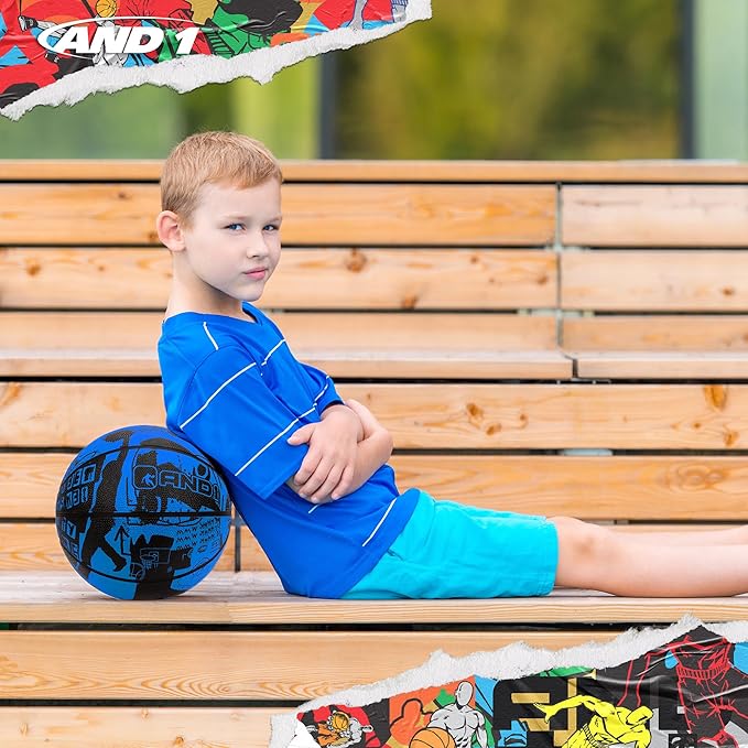 AND1 Street Art 27.5 Basketball : Youth Sized Rubber Streetball for Indoor and Outdoor Use, Deep Channel Construction and Durability, Ideal for Boys and Girls Ages 9-11, Includes 10” Pump