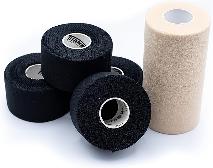Titan Athletics - Premium Quality Black Athletic Tape/Sports Tape - 1 1/2 Inch x 45 Feet Per Roll - 100 Percent Cotton with Zinc Oxide - Easy Tear Zig Zag Design. (Black, 4 Tape + 2 PreWrap)