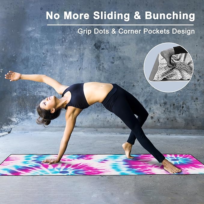 Colorful Star Large Yoga Towel with Corner Pockets, Non Slip Grip Dots Absorbent Hot Yoga Mat Towels, Yoga Blankets with Travel Bag, Mat Cover for Workout, Gym, Fitness - 74"x26", Pink Blue Tie-dye