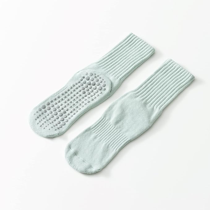 Yoga Pilates Socks with Grips for Women Non Slip Solid Colored Fleece Cushioned Mid Calf Crew Socks for Barre Ballet Dance