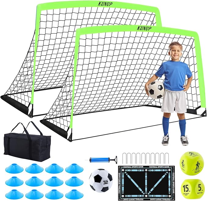2 Pack Kids Soccer Goal for Backyard Set 5x3FT Portable Pop Up Soccer Net Training Equipment with Soccer Ball, Training Dice Mat, Cones and Carry Bag for Youth Toddler Teams Indoor Outdoor Sport Game